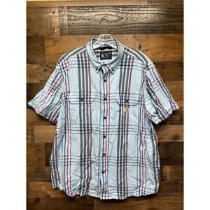 Carhartt Shirt Men's XL Blue Red Plaid Short Sleeve Loose Fit 105175 Button Down